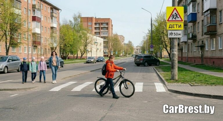 Мальчик в оранжевой куртке правильно переходит дорогу, ведя велосипед в руках по пешеходному переходу.