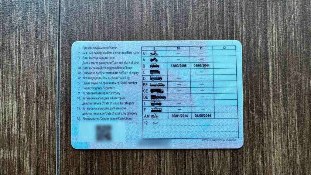 Оборотная сторона водительских прав Беларусь